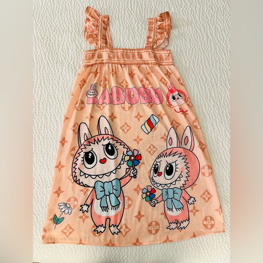 Sun Sleepwear Pink Satin Labubu Cartoon Print Nightgown S M L